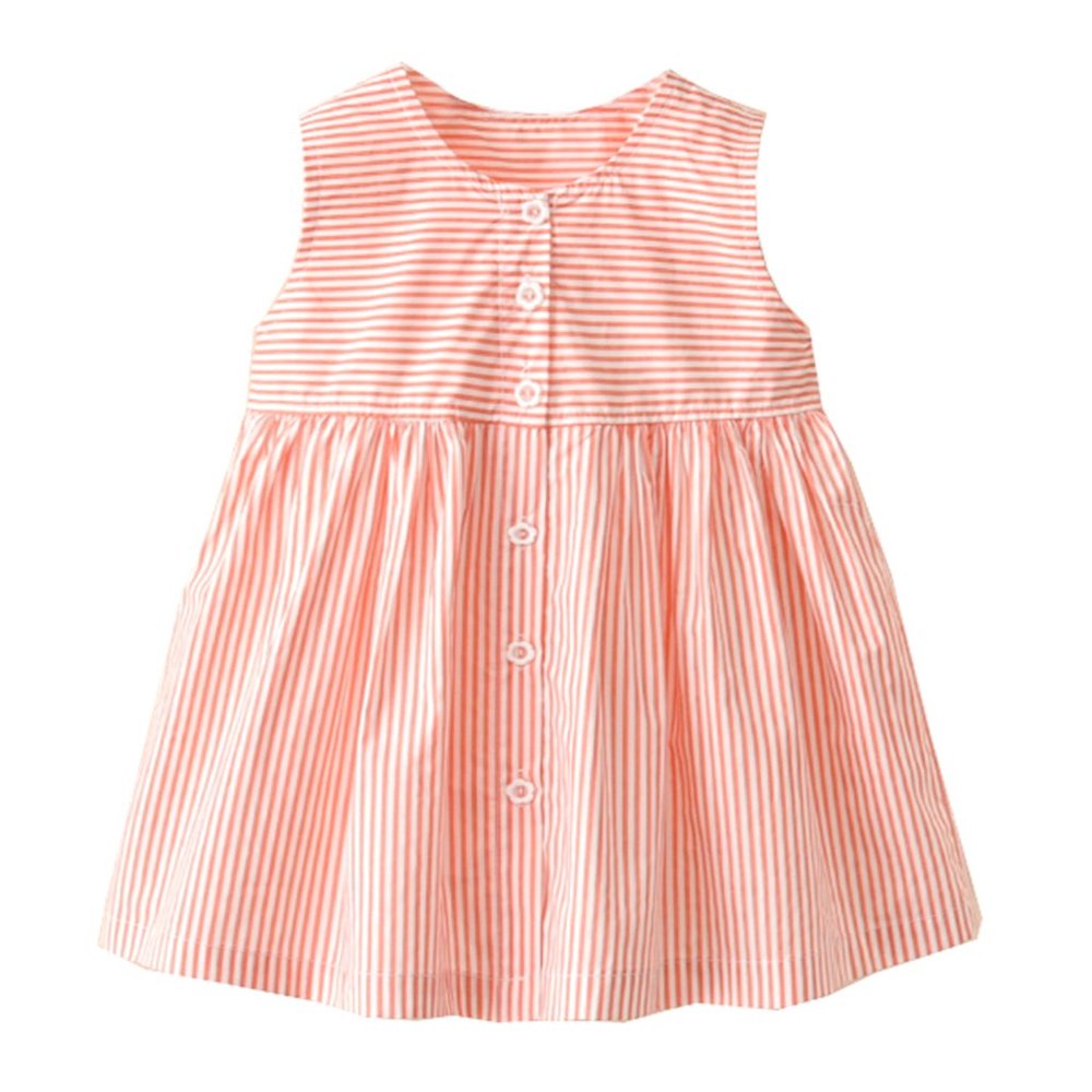 Coral Stripes Front Button Cotton Little Girl Dress